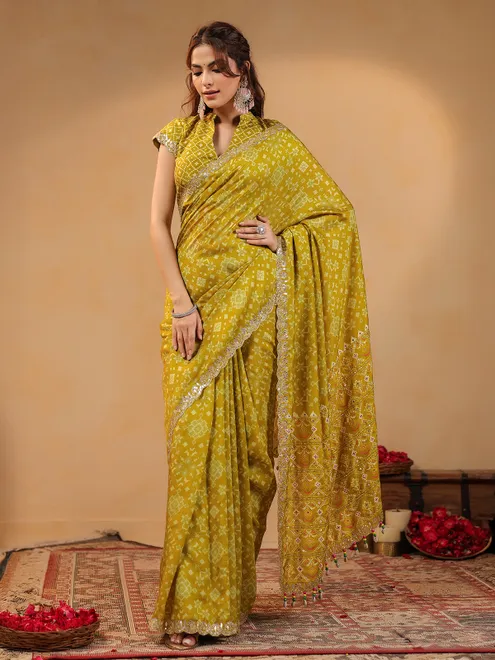 Mustard yellow printed silk festive saree
