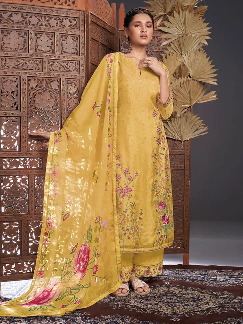 Mustard yellow printed silk palazzo suit for women