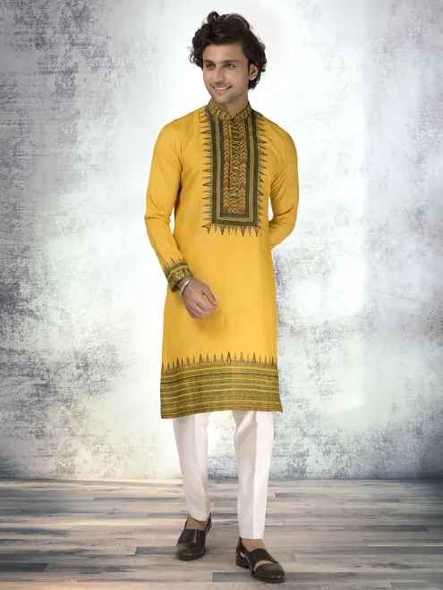 Mustard yellow pure munga silk printed kurta suit for festive
