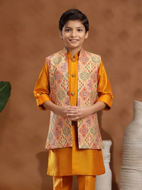 Mustard yellow raw silk resham waistcoat set for haldi