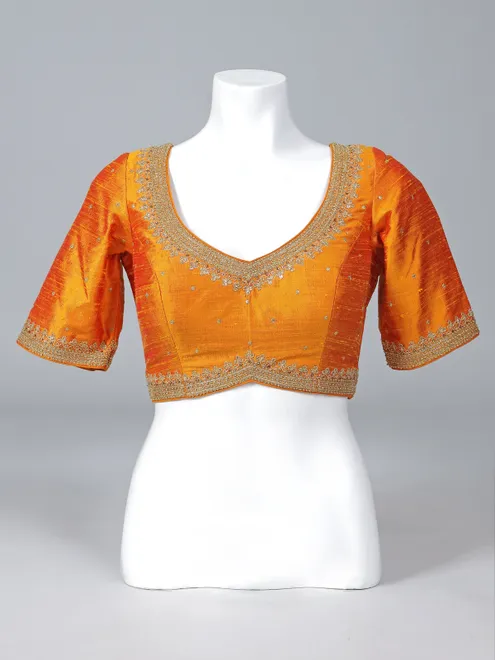 Mustard yellow raw silk stone work blouse