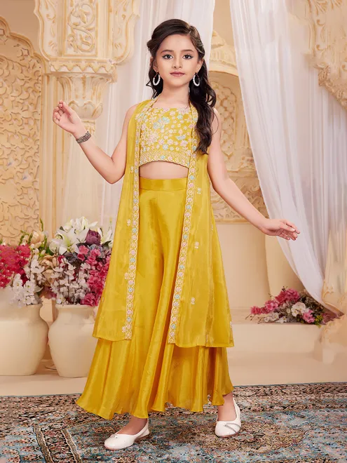 Mustard yellow satin silk jacket style palazzo suit for girl