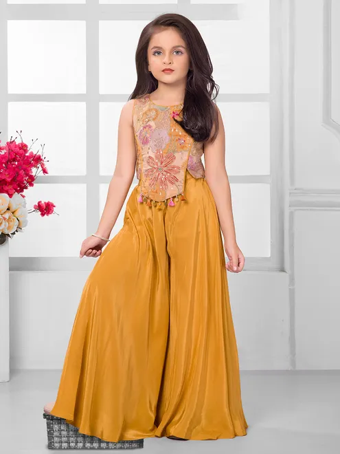 Mustard yellow satin silk palazzo suit with coin detailing