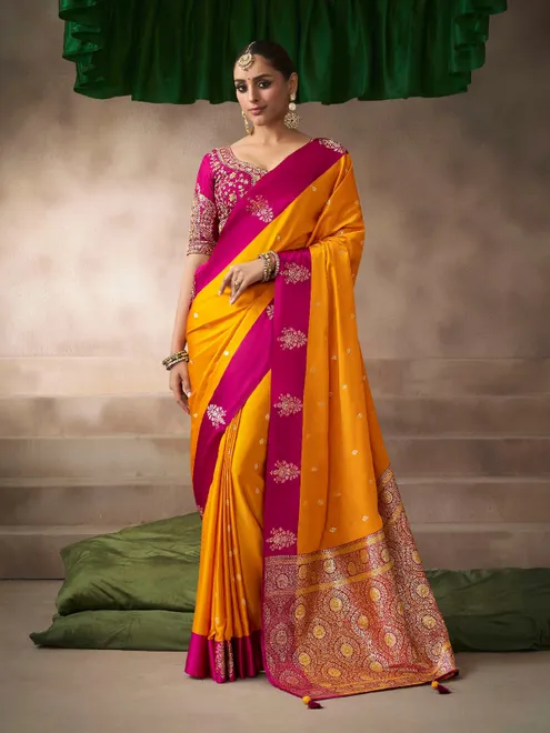 Mustard yellow satin silk saree with timeless elegance