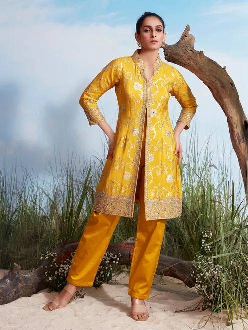 Mustard yellow silk crepe organza open front jacket kurta