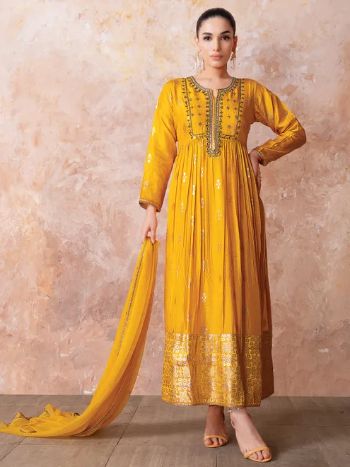 Mustard yellow silk designer suit for festive