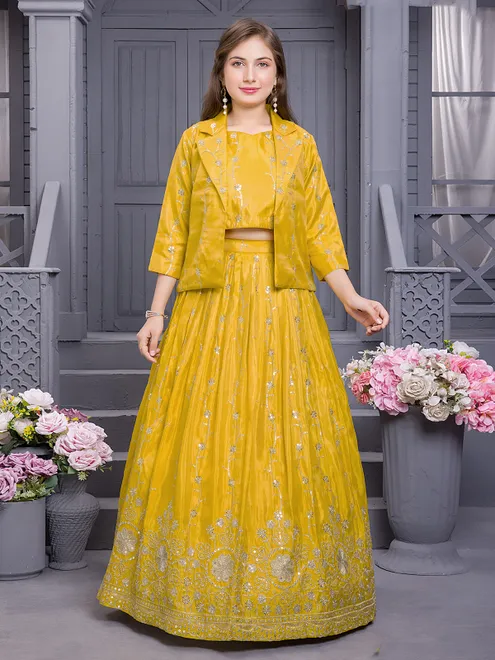 Mustard yellow silk embroidered jacket style lehenga choli