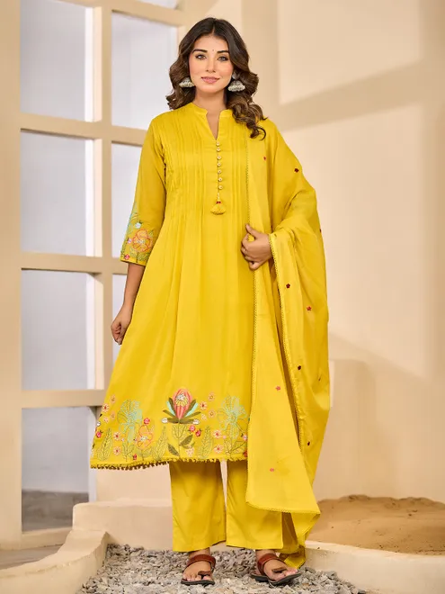 Mustard Yellow silk embroidered kurti set