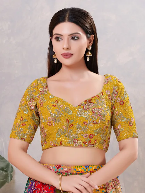 Mustard yellow silk embroidered work blouse