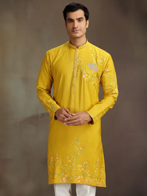 Mustard yellow silk embroidered work kurta suit