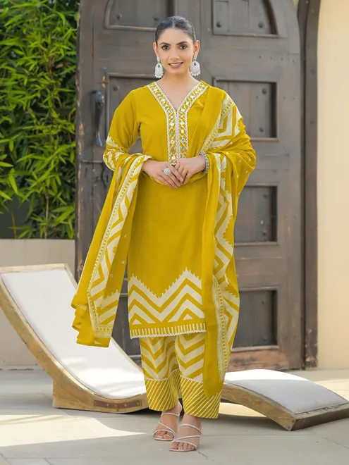 Mustard yellow silk festive kurti set