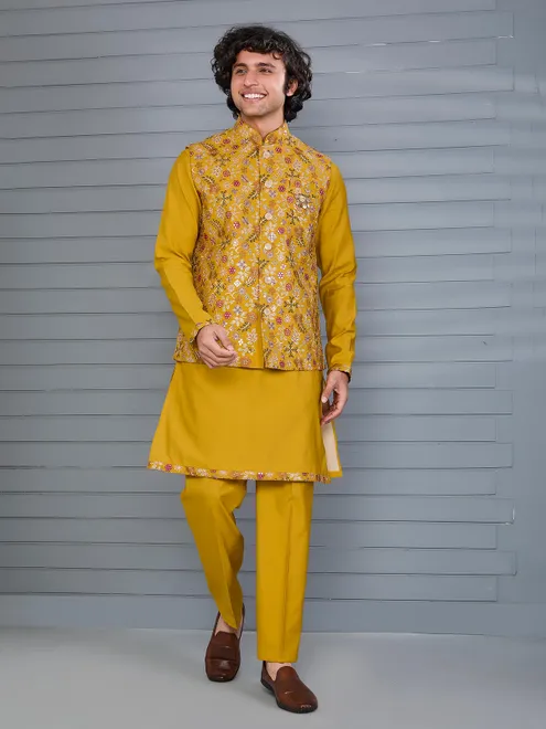 Mustard yellow silk festive waistcoat set