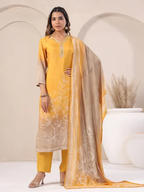 Mustard yellow silk kurti set with cutdana work