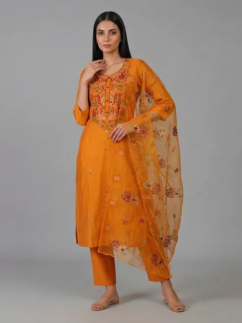 Mustard yellow silk kurti set with thread work