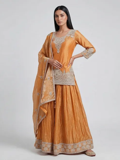 Mustard yellow silk lehenga style festive salwar suit