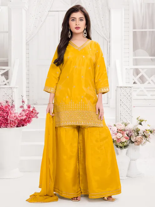 Mustard yellow silk pakistani style sharara suit with dupatta