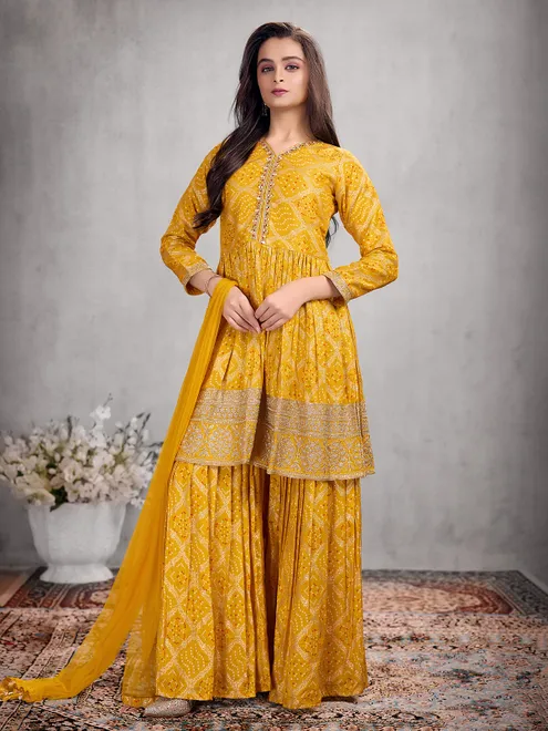 Mustard yellow silk palazzo suit with zardosi work for wedding