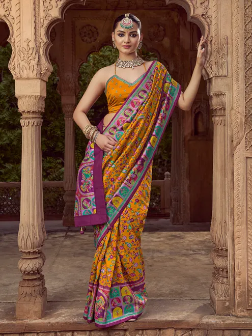 Mustard yellow silk saree with print