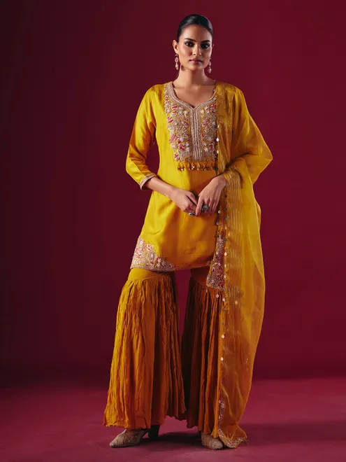 Mustard yellow silk sharara salwar suit for women