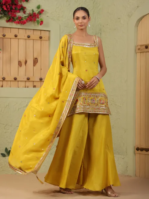 Mustard yellow silk sleeveless palazzo kurti outfit