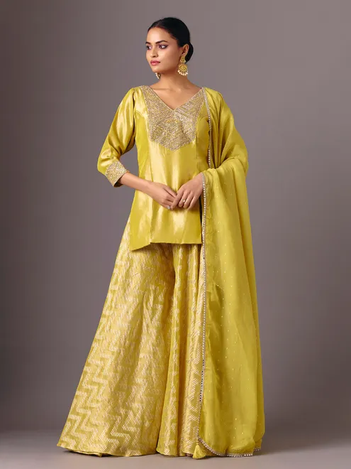 Mustard yellow silk V neck mirror palazzo suit