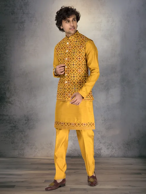 Mustard yellow silk waistcoat set with thread and aabla work