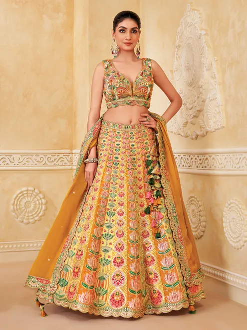Mustard yellow silk wedding wear legenga choli