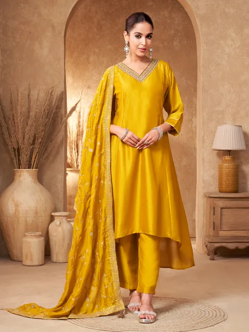 Mustard yellow silk zardosi festive suit