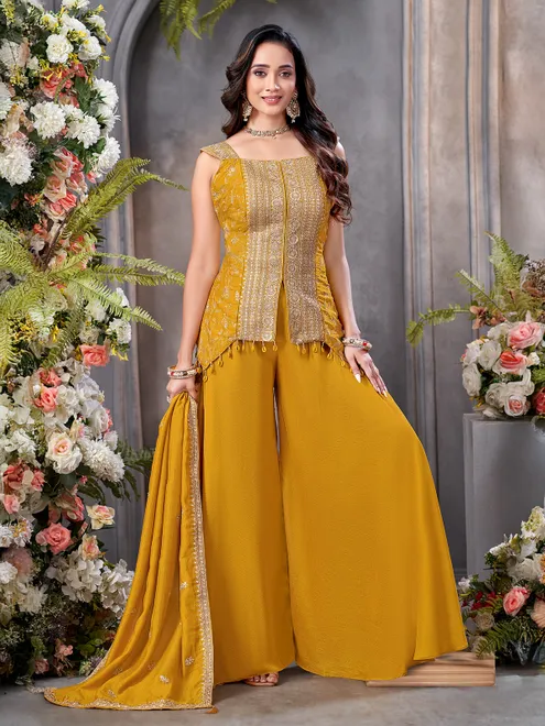 Mustard yellow silk zardosi palazzo salwar suit