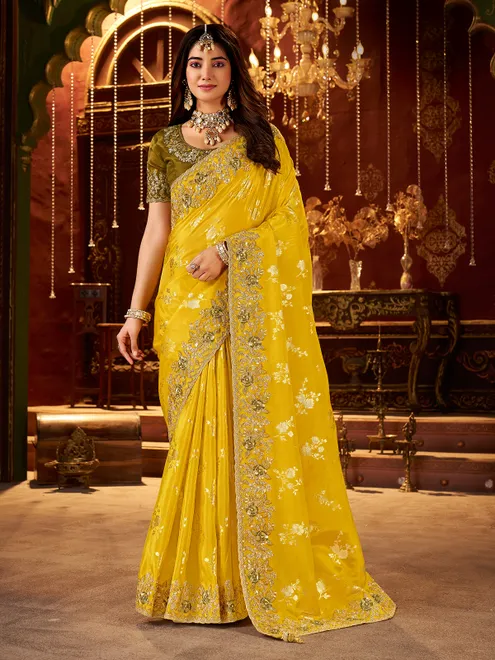 Mustard yellow soft silk festive wear saree
