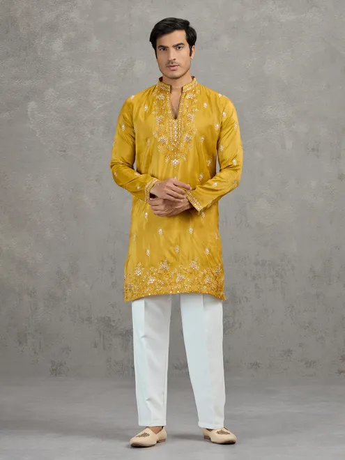 Mustard yellow tissue embroidered festive kurta suit