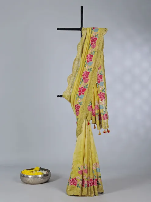 Mustard yellow tissue silk saree with haldi glow