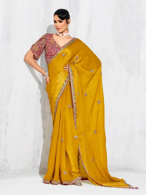 Mustard yellow tissue silk saree with resham and sequins finish