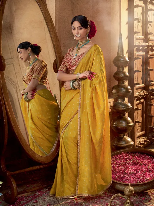 Mustard yellow viscose crepe silk saree