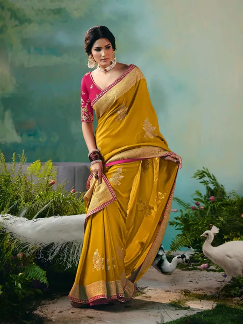 Mustard yellow viscose dola silk saree with thread work