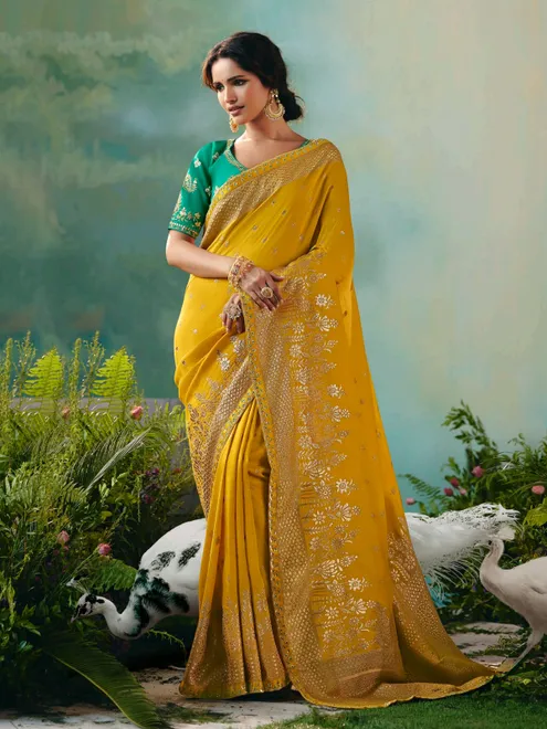 Mustard yellow viscose dola silk saree with zari work