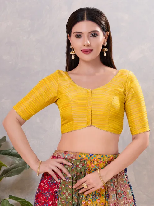 Mustard yellow zari silk front open blouse