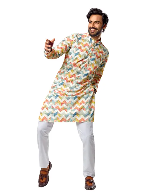 Elegant cotton multi color printed  Men Kurta pajama