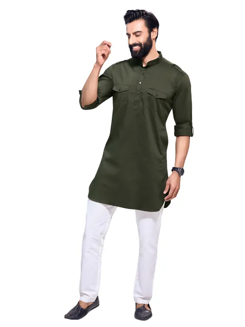 Plain olive cotton  Men Kurta pajama