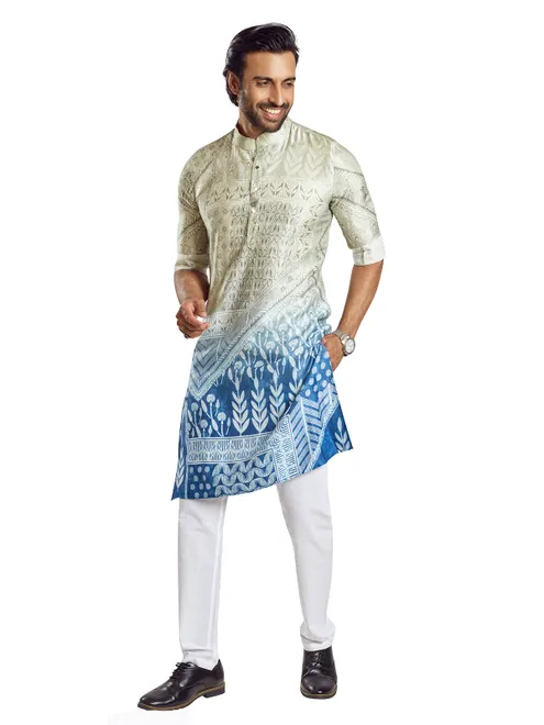 Stylish blue shaded silk printed  Men Kurta pajama