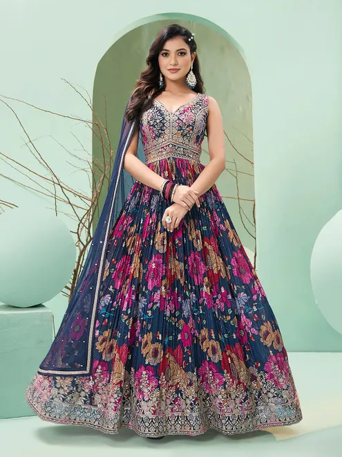 Navy anarkali suit with dupatta for wedding