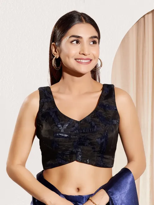 Navy and black organza zari work blouse
