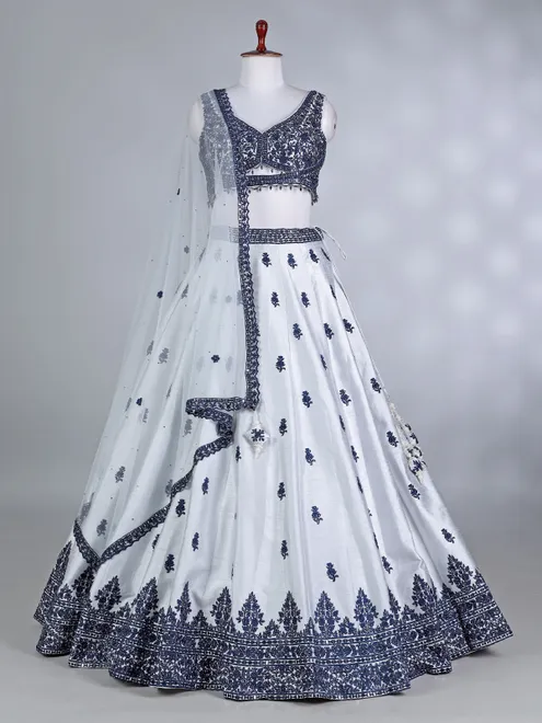 Navy and silver raw silk lehenga choli with net dupatta