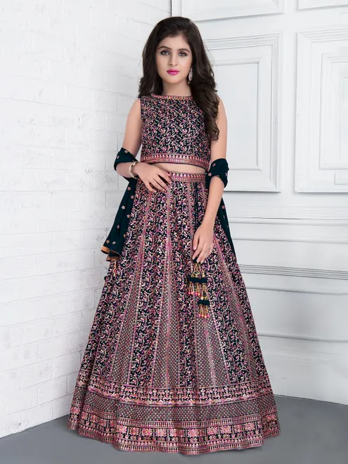 Navy art silk embroidered lehenga choli with dupatta