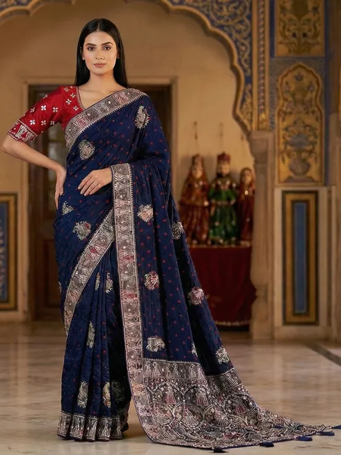 Navy bandhej silk zari and gota festive saree design