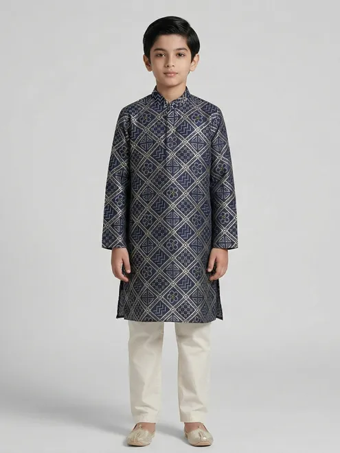 Navy blue bandhej printed zari work kurta suit