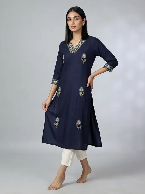 Navy blue cotton silk embroidered casual kurti