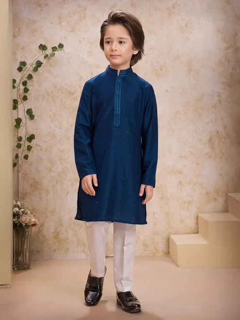 Navy blue cotton silk festive kurta suit