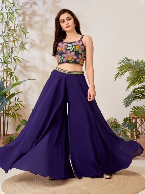 Navy blue crepe palazzo designer suit for reception