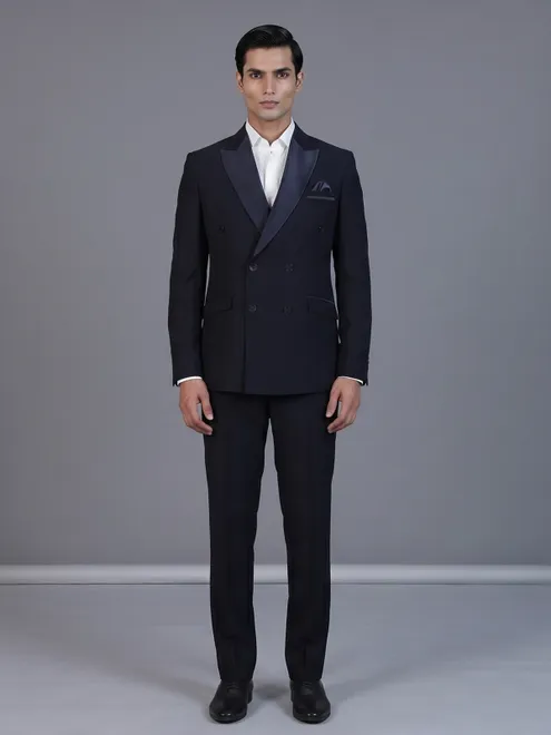 Navy blue designer double breasted suit with satin peak lapel finish